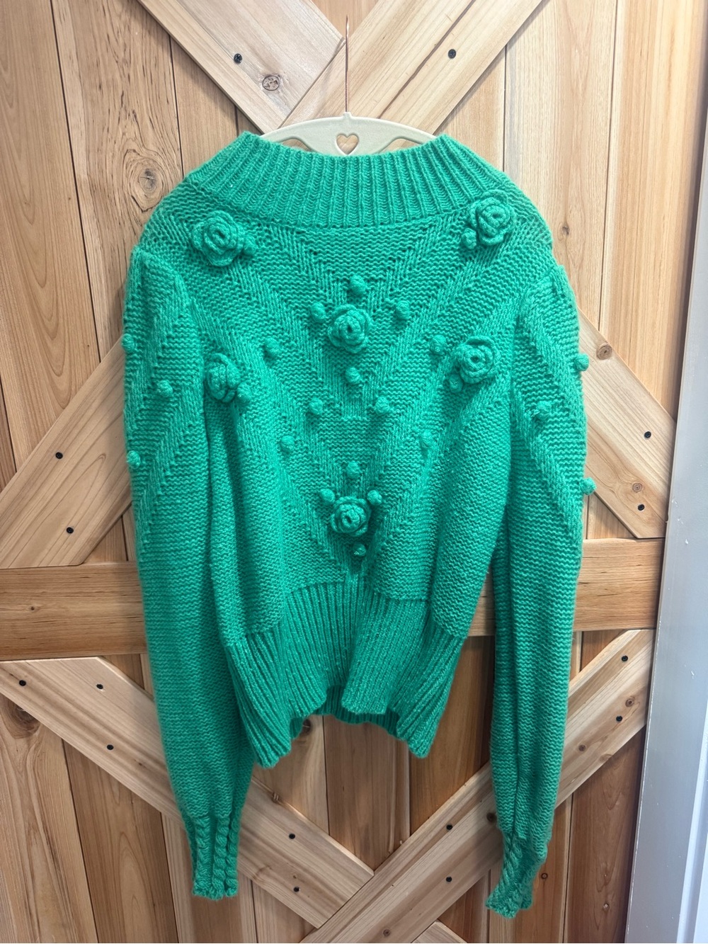 fab'rik Emerald Green Floral Rose Appliqué Crewneck Sweater